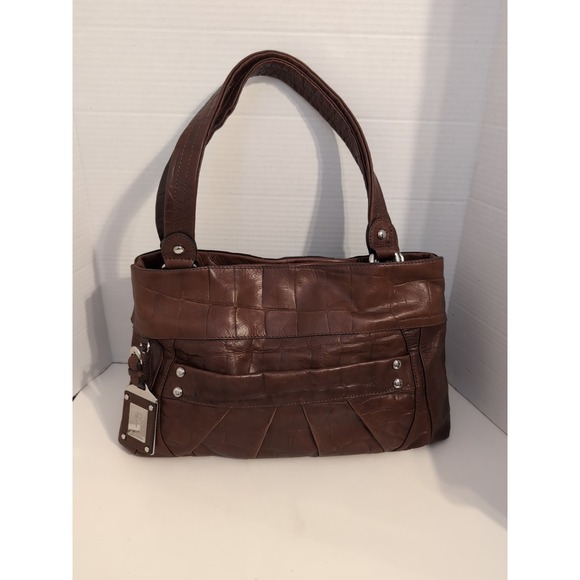 B. Makowsky Brown Leather Embossed Satchel Hobo Handbag Silver Accents &...‎